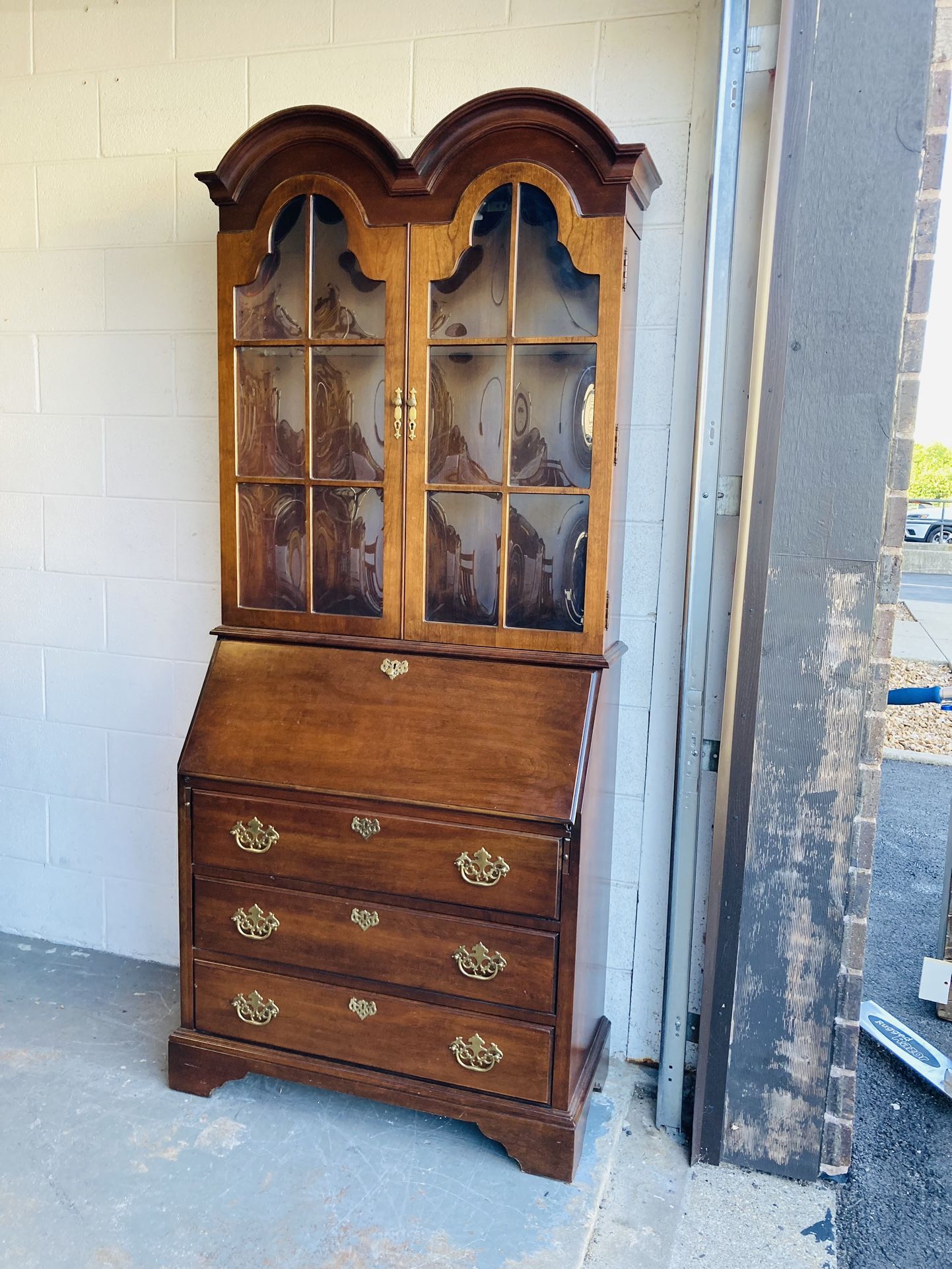 lovely bubble glass JASPER antique secretary desk with China cabinet on top. Beautiful brass hardware