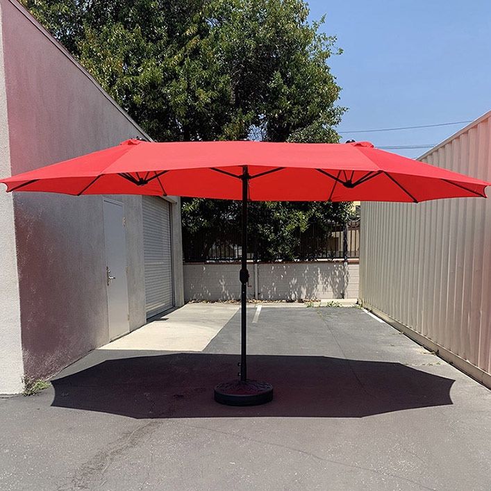 (Brand New) $130 Large Double Sided Outdoor (15ft Umbrella and 65lbs Plastic Base set) Colors Red/Gray 