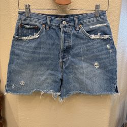 ABERCROMBIE & FITCH Women High-Rise Rip Distressed Blue Denim Shorts Size 27/4