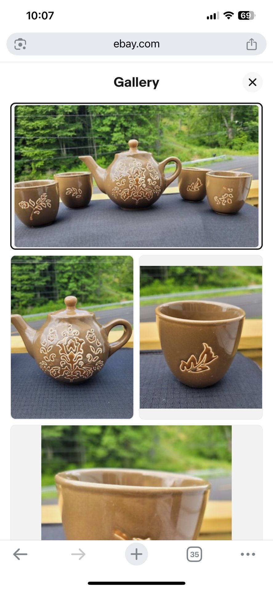 Stoneware Tea Service Set Brown Floral Tea Pot W/ 4 Cups Removable Insert EUC