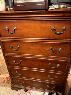 Dark Wood 5 Drawer Dresser with Ornate Pulls / matching nightstand
