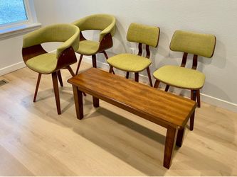 Armen Living Mid-Century Dining Chair and Bench Set (6 seats) in Walnut Finish and Green Fabric