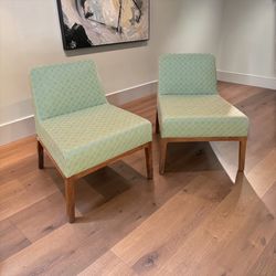 Pair of Mid-Century Slipper Chairs — Geometric Fabric, Walnut Bases