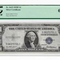 1935F $1 Silver Certificate PCGS 63PPQ CH CU 1935-F SERIES BLUE SEAL No God In Trust
