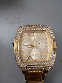 Iced Out ""Guess Brand"  Gold-Tone Crystal Embellished Bracelet Watch