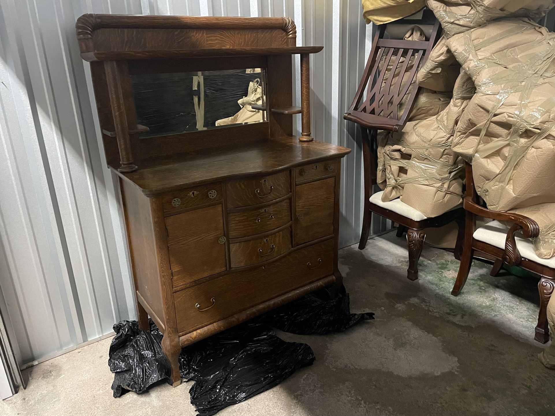 Antique Tiger Wood Oak Server with Mirror - $275