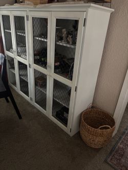 White Wood Cabinet with Wire Mesh Doors
