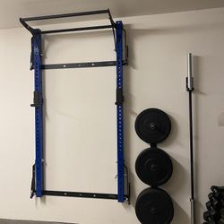 Pro PRx Wall-Mounted Folding Squat Rack System w/ Pull-Up Bar, Barbell & Weight Storage