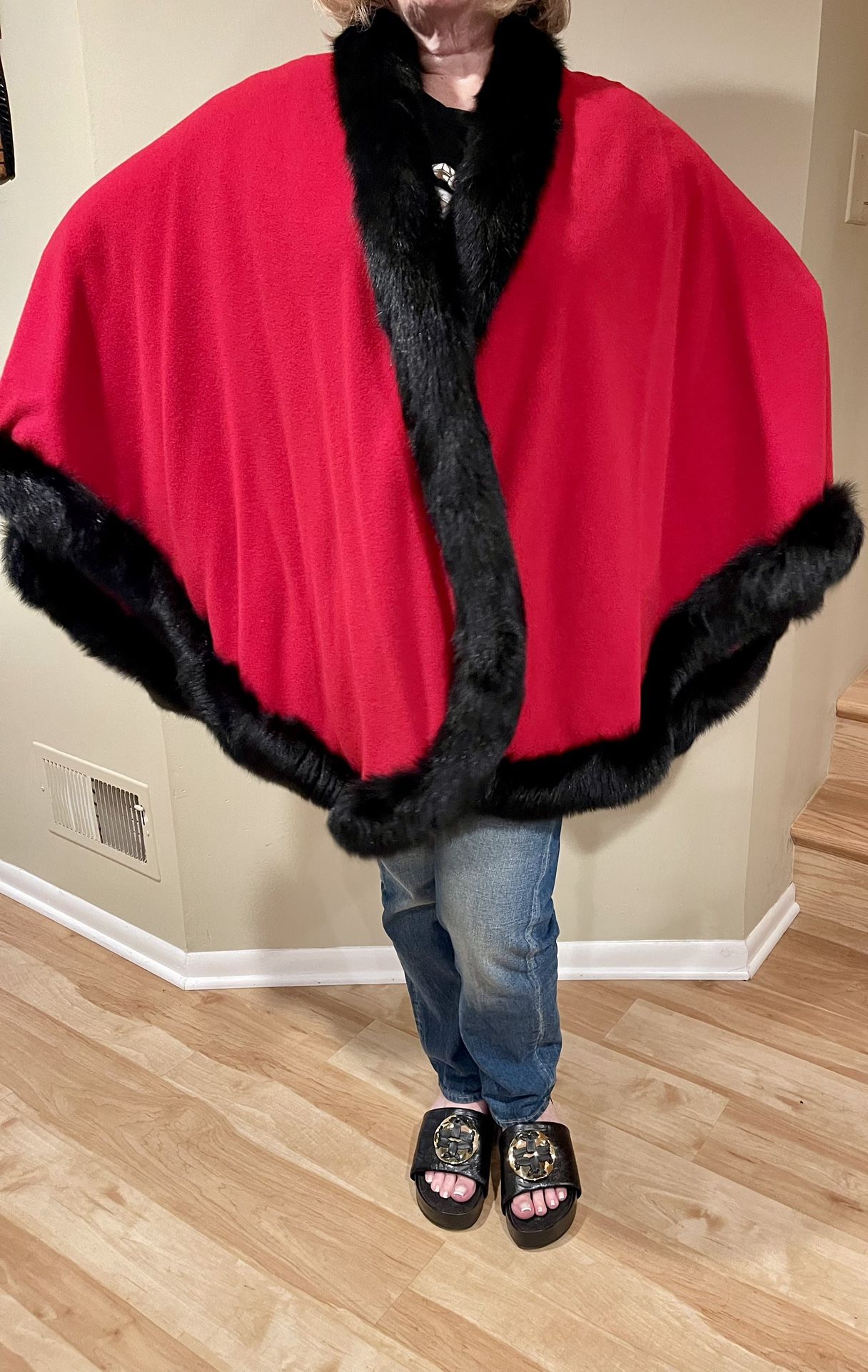 Red Poncho With Fur Accents