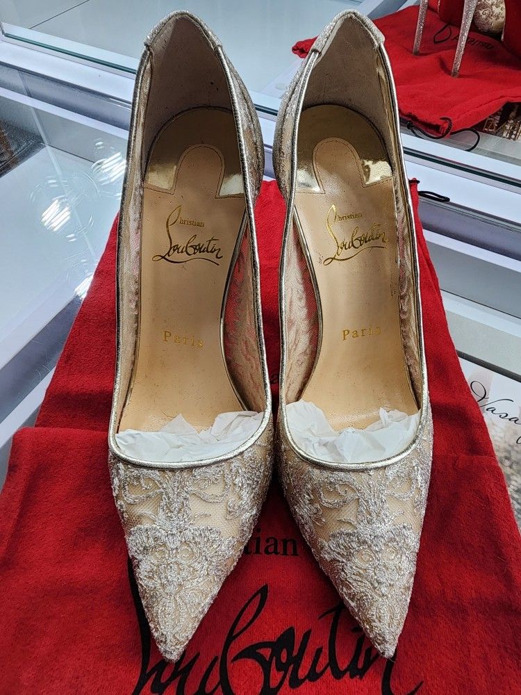 Christian Louboutin Follies Lace 100MM Glitter Platine Heels Size 37.5