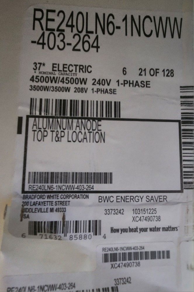 New Brandord White 37 gallon low boy water heater