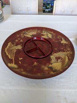 Pair of Antique Red Lacquer Lazy Susan with Gold Asian Landscape