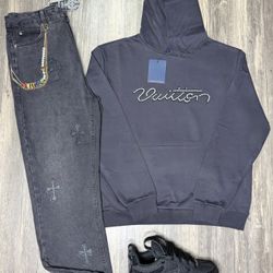Louis Vuitton Hoodie, Chrome Heart Jeans, And Louis Vuitton Sneakers Brand New With Box And Dust Cover 