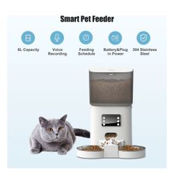 Bueteka Automatic Food Dispenser with Splitter & Stainless Bowls Cat & Dog Feeder, 6-lit, White
