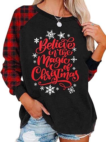 Believe Christmas T-Shirt Women Believe In The Magic Of Christmas Plaid Shirt Baseball Raglan Splicing Tee Tops XXL