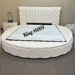 Ivory boucle fabric king storage round bed frame
