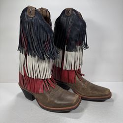 Twisted X Ruff Stock Brown Red White Blue Leather Fringe Western Boots Size 7.5B