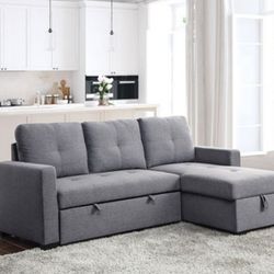 Brand New Gray L-Shaped DesignPull-Out Sleeper Reversible Storage Chaise Sectional Sofa