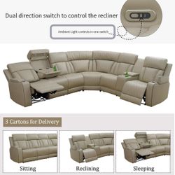 $641ABC-Power Recliner Sectional Sofa, Khaki Leather Reclining Couch Set with LED, L-Shaped Sectional Living Room Furniture with USB Port/Storage/Cup