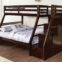 Brand New Espresso Twin Over Full Bunk Bed w Staircase 
