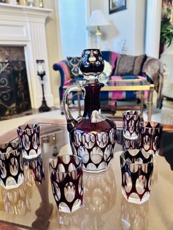 Vintage Bohemian Ruby Cut Crystal Decanter with 6 Glasses