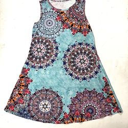 Women’s Blue Mandala Print Scoop Neck Pocketed Sleeveless A Line Sundress