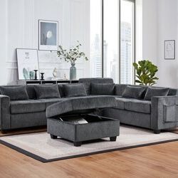 Trey 115"W Gray Chenille Sectional Sofa with Adjustable Backrest, Charging Ports, Pockets, Tufting, Storage Ottoman, Throw Pillows