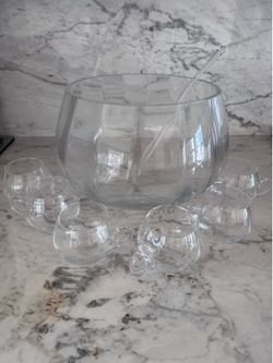 Crate & Barrel Glass Punch Bowl Set with Ladle + 6 Glasses