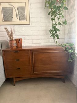 Vintage, mid century credenza, dresser brass hardware walnut finish