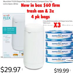 New in box diaper trash can & trash bags.  U get 1 trash can & 3 pks bags each have 4 pks bags $60 firm cash only /pick up only east Palmdale off 47th