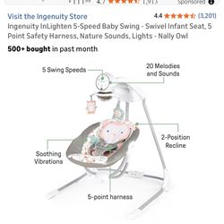 Ingenuity InLighten 5-Speed Baby Swing - Swivel Infant Seat, 5 Point Safety Harness, Nature Sounds, Lights - Nally Owl
