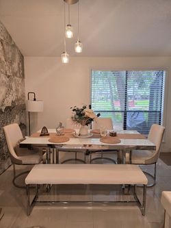 White Gloss Dining Table Set 6pc Bench Included Modern Luxury — City Furniture Miami Collection
