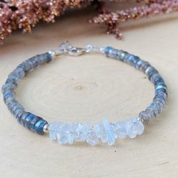 Moonstone & Labradorite Gemstone Sterling Silver Bracelet