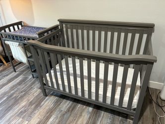 Gray Wooden Baby Crib, Changing Table, and desk set