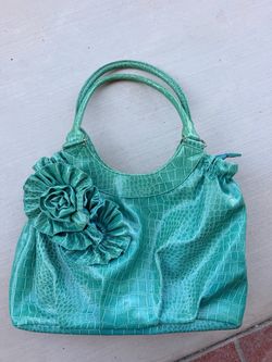 Teal Croc-Embossed Hobo Bag with Flower Detail