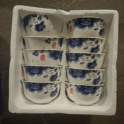 Set of 10 New Jingdezhen Chinese Porcelain Bowls - Blue & White Peony