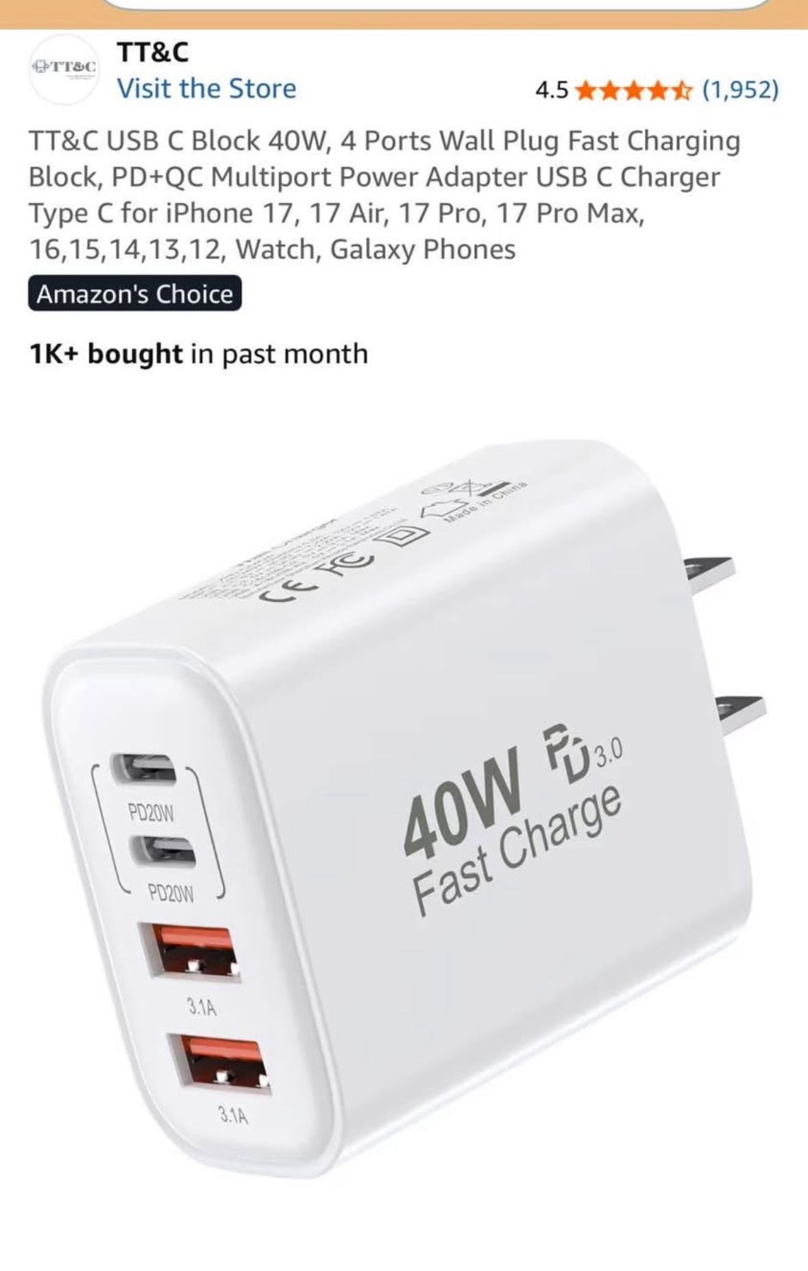 1 pack TT&C USB C Block 40W, 4 Ports Wall Plug USB C Charger Type C for iPhone 16,15,14,13,12,11, Pro Max, X, Xr, Xs, 8, Watch, Galaxy Phones, White