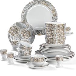 28pcs Porcelain Dinnerware Set,Scratch Resistant Dishes Set Egg Cups, Modern Ceramic Dish Cappuccino