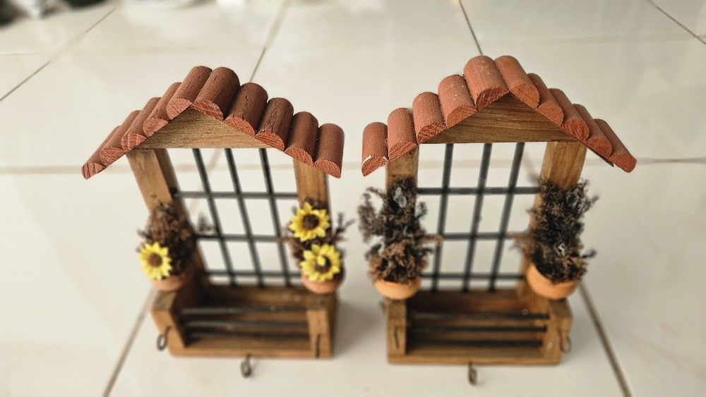 Pair of handmade distressed wood wall-mounted, with 3 hocks. 6"H 3"W 10"L