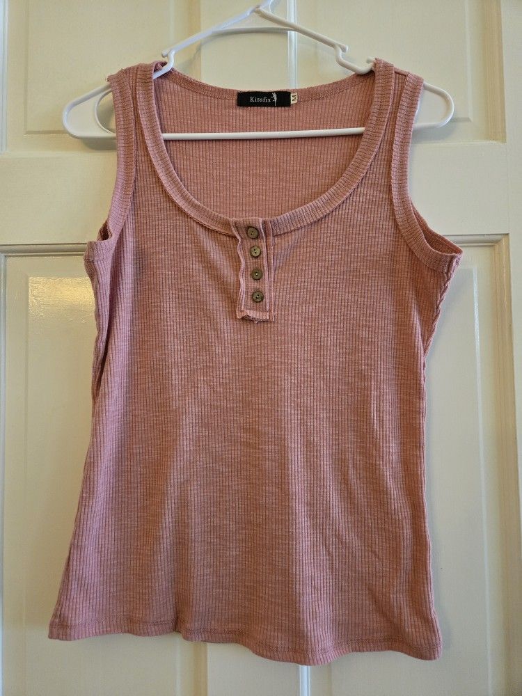 Women's Size Medium Ribbed Tank Top Sleeveless Kissfix Button Scoop Neck Shirt Pink