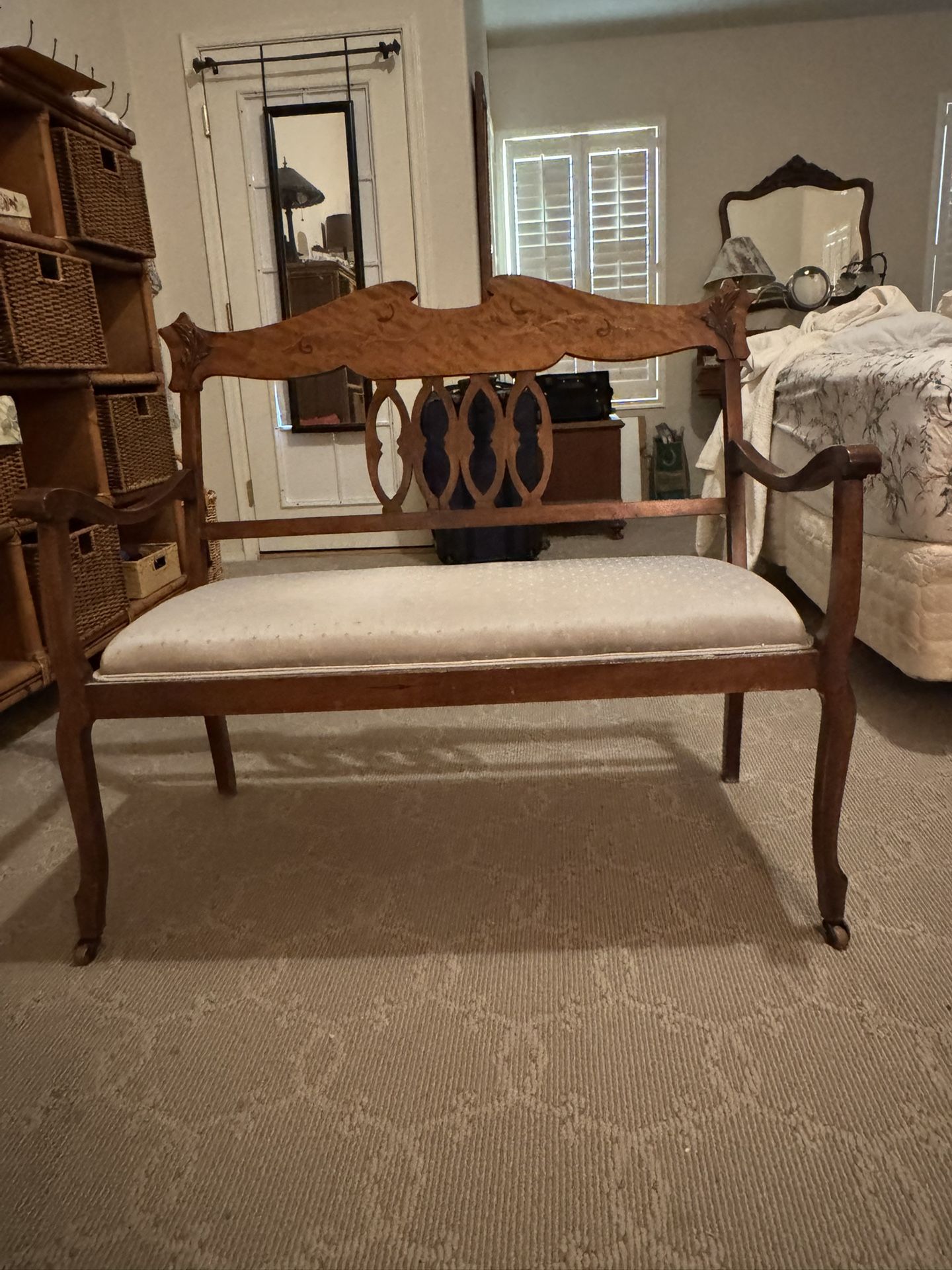 Antique Victorian Three Piece Solid Walnut Salon Settee