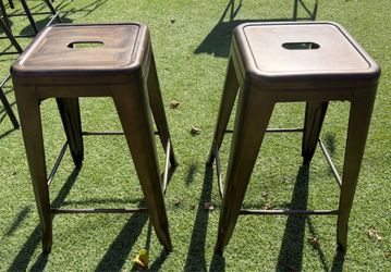 Pair of Industrial Metal Counter Stools, Tolix-Style, Brushed Gunmetal Bronze