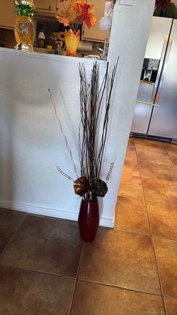 AVAILABLE,, 42โ Height,, Red Vase with Decorative Dried Branches and silver paper flowers