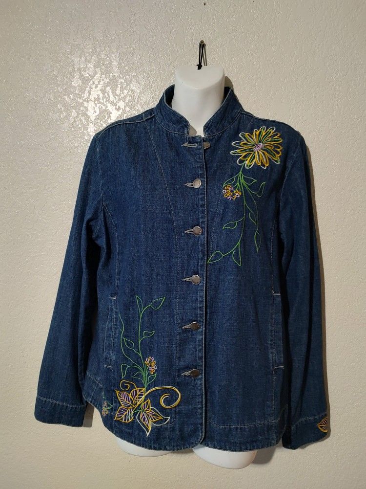 Denim Jacket Womens Medium Embroidered Flowers