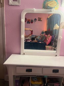 Kids White Vanity Desk with Mirror and Drawers