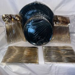  120PC Green & Gold Disposable Party Plate Set – Brand New