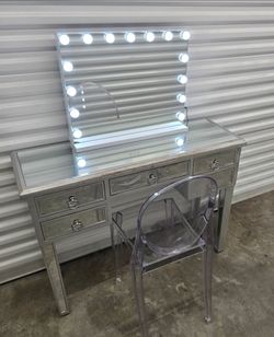 Mirrored Vanity Makeup Desk with LED Lighted Mirror & Acrylic Chair