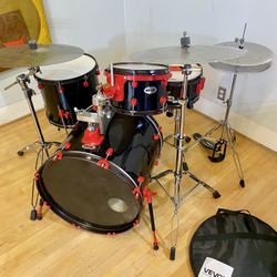 Ddrum Diablo complete drum set 22 12 16 14” new quiet cymbals stands no throne $335 cash in Ontario 91762. Sticks key cymbal bag good condition.