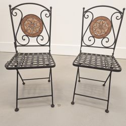 Attic find Vintage 1930s Mediterranean Revival Patio Chairs  Ornate Metalwork with Tile Inspired