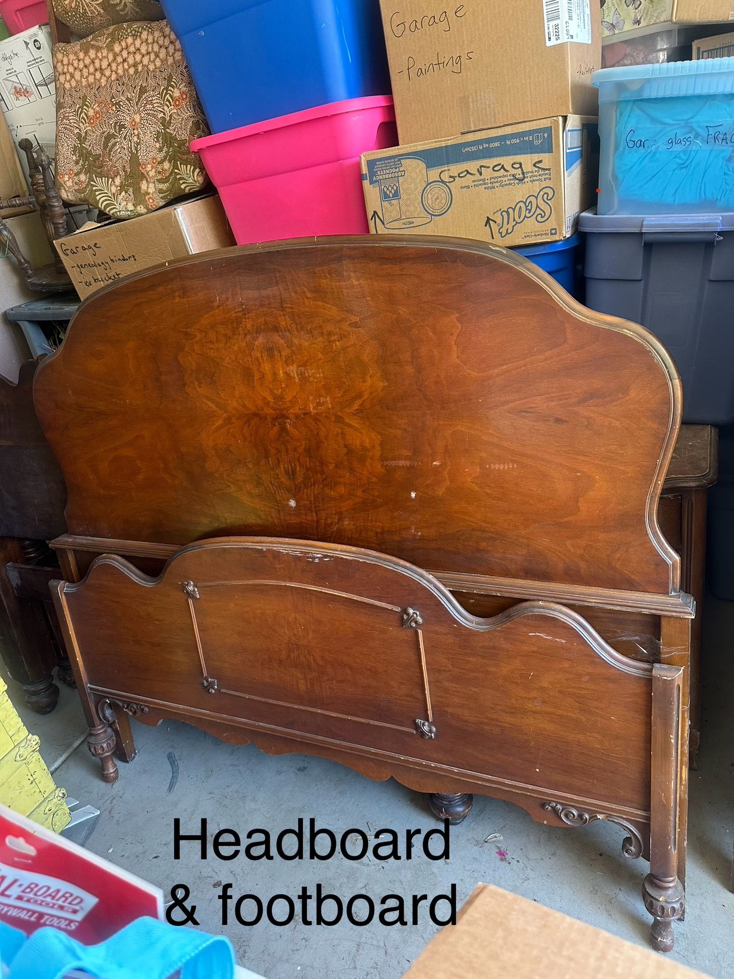 Antique Headboard, Footboard, Hardware. Full Size. Damaged.